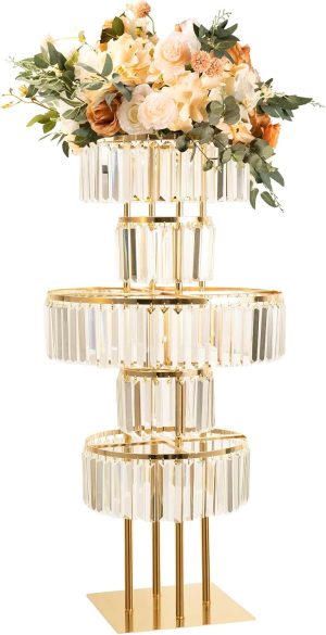 40" Tall 5-Tier Round Gold Wedding Vases Centerpieces Clear Pendant Flower Stand | Pedestal Stand for Wedding Party Decoration
