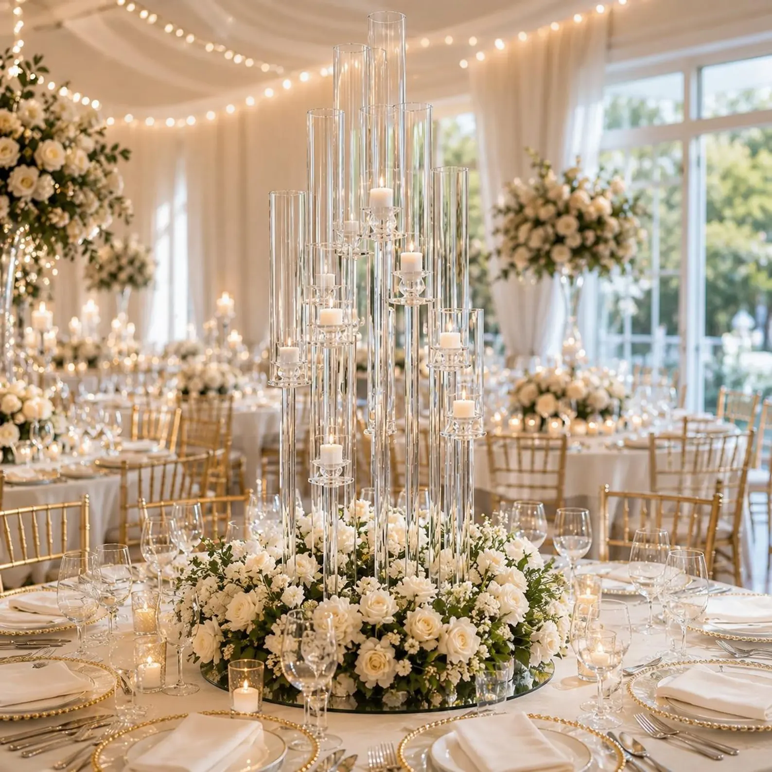 10 Arms 48" Tall Crystal Glass Candelabra | Wedding Centerpieces | Pillar Candle Holders with Mirror Base - Image 2