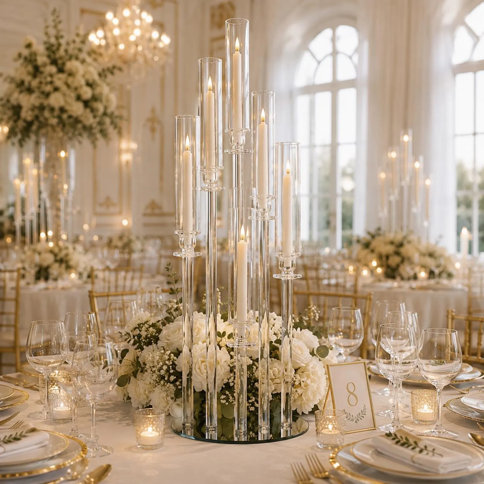 8 Arms 36" Tall | Crystal Glass Candelabra | Wedding Centerpieces | Pillar Candle Holders With Round Mirror Base - Image 5