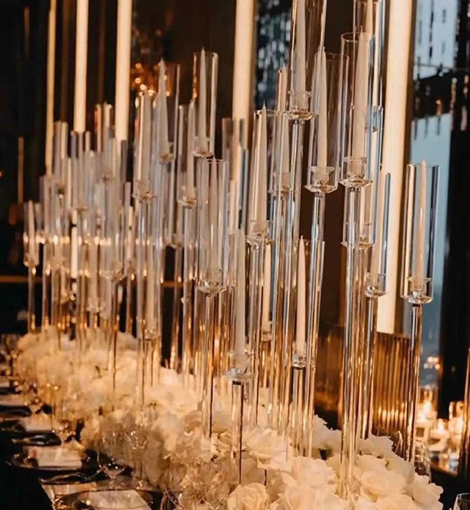 10 Arms 48" Tall Crystal Glass Candelabra | Wedding Centerpieces | Pillar Candle Holders with Mirror Base