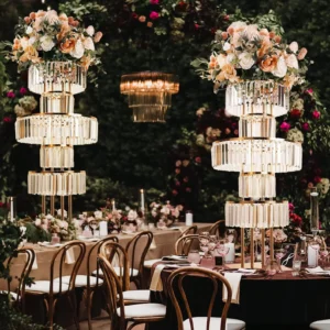 40" Tall 5-Tier Round Gold Wedding Vases Centerpieces Clear Pendant Flower Stand | Pedestal Stand for Wedding Party Decoration