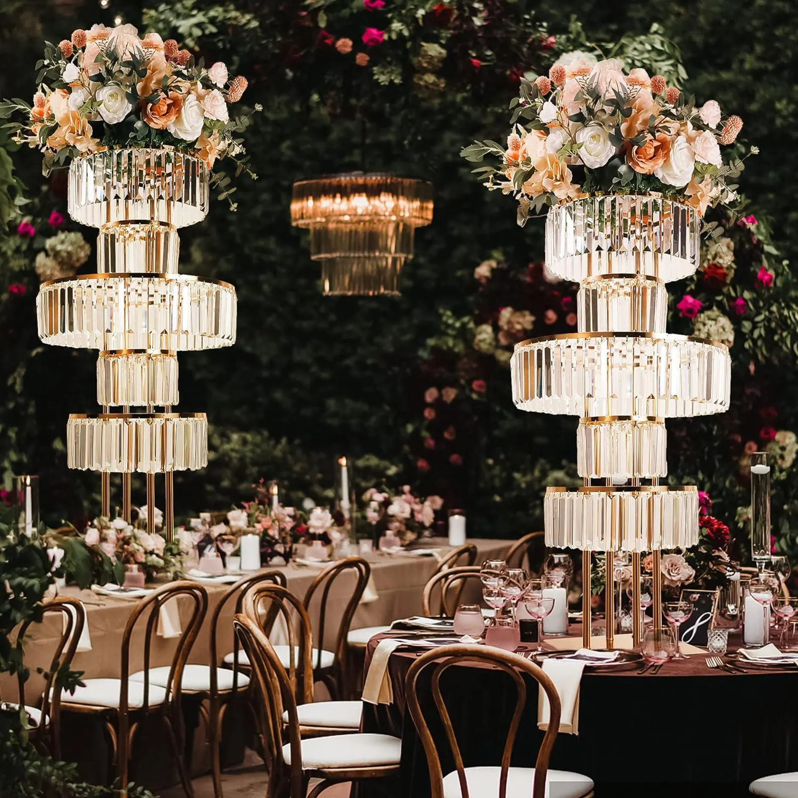 40" Tall 5-Tier Round Gold Wedding Vases Centerpieces Clear Pendant Flower Stand | Pedestal Stand for Wedding Party Decoration