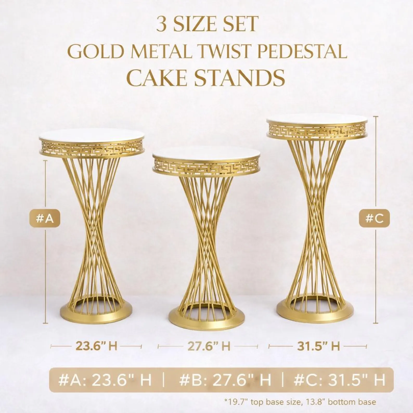 3-Piece Set | Twist Metal Gold Pedestal Dessert & Floral Stands | Gold Round Metal Cylinder for Weddings, Parties, and Events - Image 13