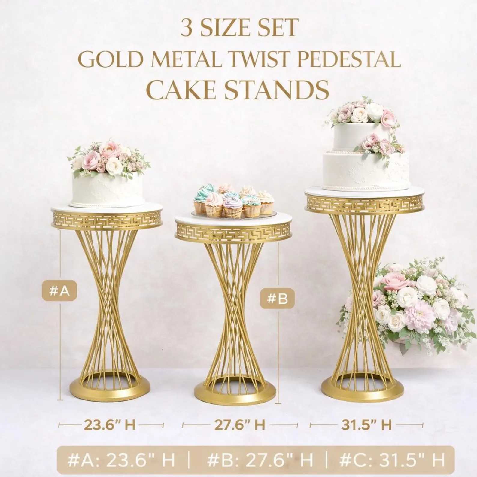 3-Piece Set | Twist Metal Gold Pedestal Dessert & Floral Stands | Gold Round Metal Cylinder for Weddings, Parties, and Events - Image 11