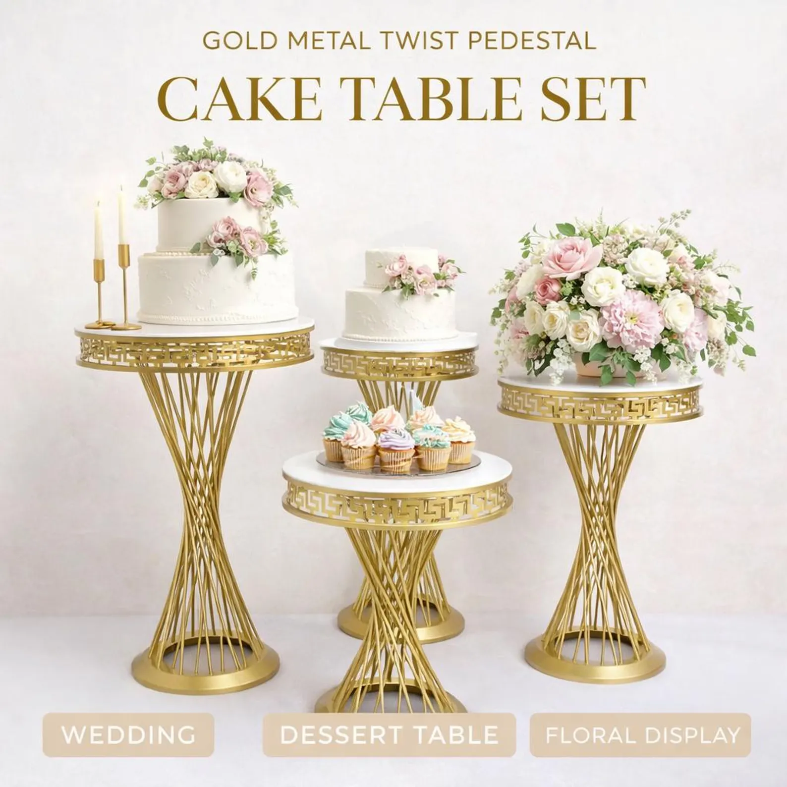 3-Piece Set | Twist Metal Gold Pedestal Dessert & Floral Stands | Gold Round Metal Cylinder for Weddings, Parties, and Events - Image 12