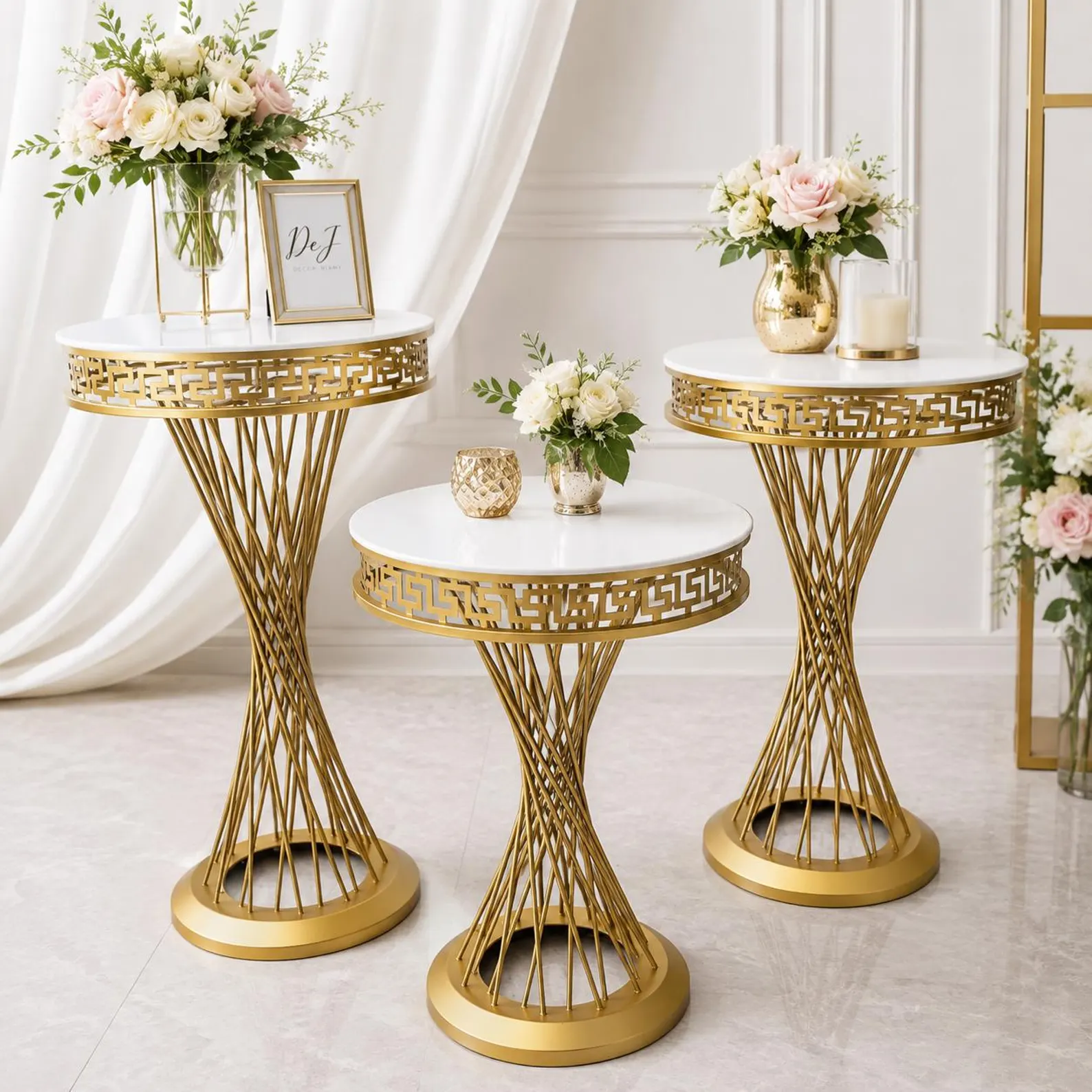 3-Piece Set | Twist Metal Gold Pedestal Dessert & Floral Stands | Gold Round Metal Cylinder for Weddings, Parties, and Events