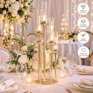 5Pcs | Set 37"H 8 Arms Gold Cluster Candle Holder Candlestick Tabletop Centerpieces