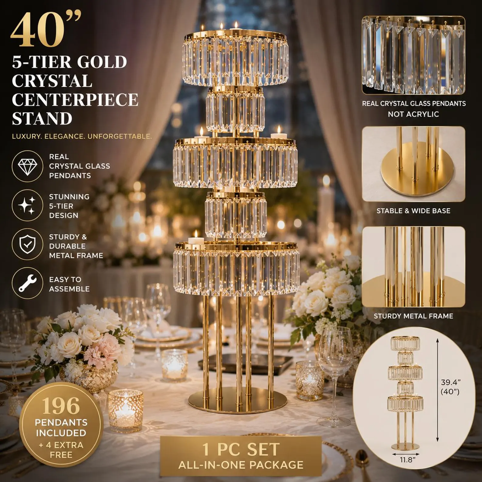 40" Tall 5-Tier Round Gold Wedding Vases Centerpieces Clear Pendant Flower Stand | Pedestal Stand for Wedding Party Decoration - Image 3
